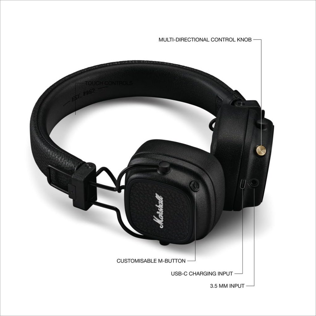 Marshall Major V Bluetooth Headphones, 100 Hours Playtime - Black