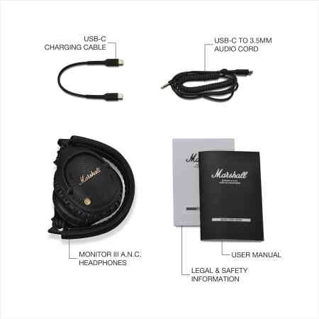 Marshall Monitor III ANC Active Noise Cancelling Bluetooth Headphones, 70 Hours Playtime - Black